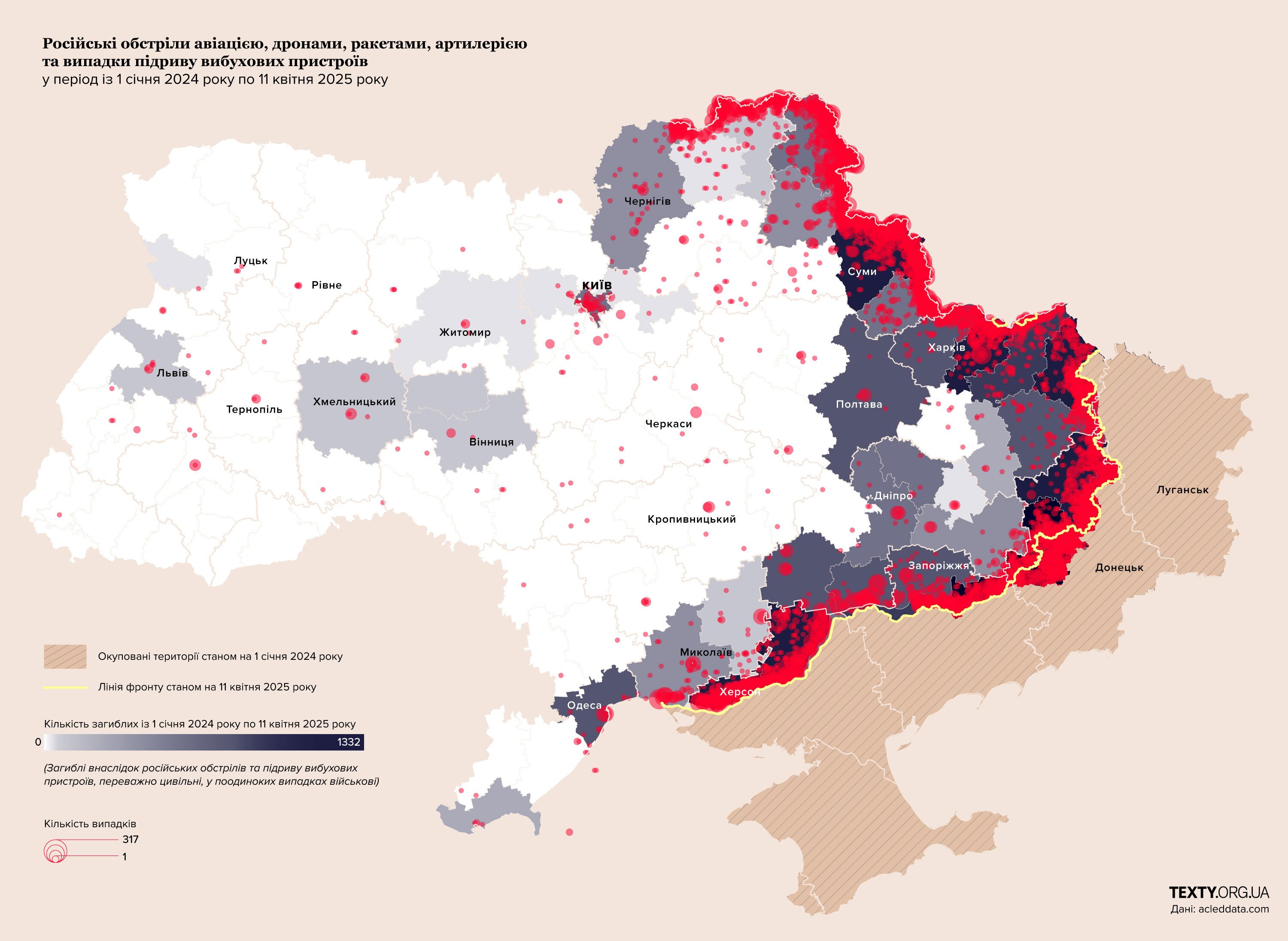 Российские обстрелы авиацией, дронами, ракетами и артиллерией с 1 января 2024 года по 11 апреля 2025 года