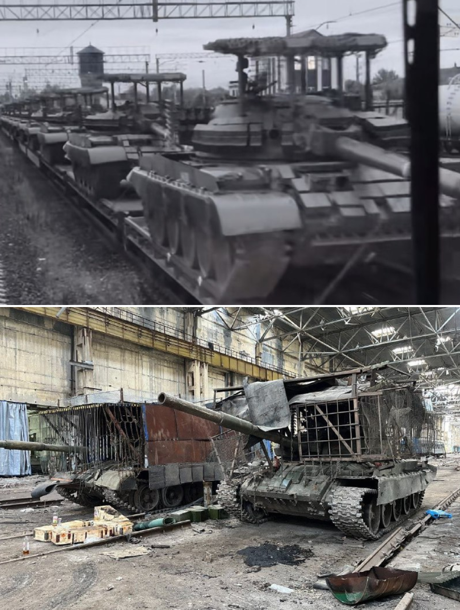 Т-62М с заводскими «мангалами» и реальные «мангалы» танков, используемые на фронте