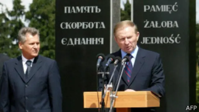 Президент Украины Леонид Кучма и президент Польши Александр Квасьневский во время открытия памятника жертвам Волынской резни в украинском селе Павловка, 2003 год