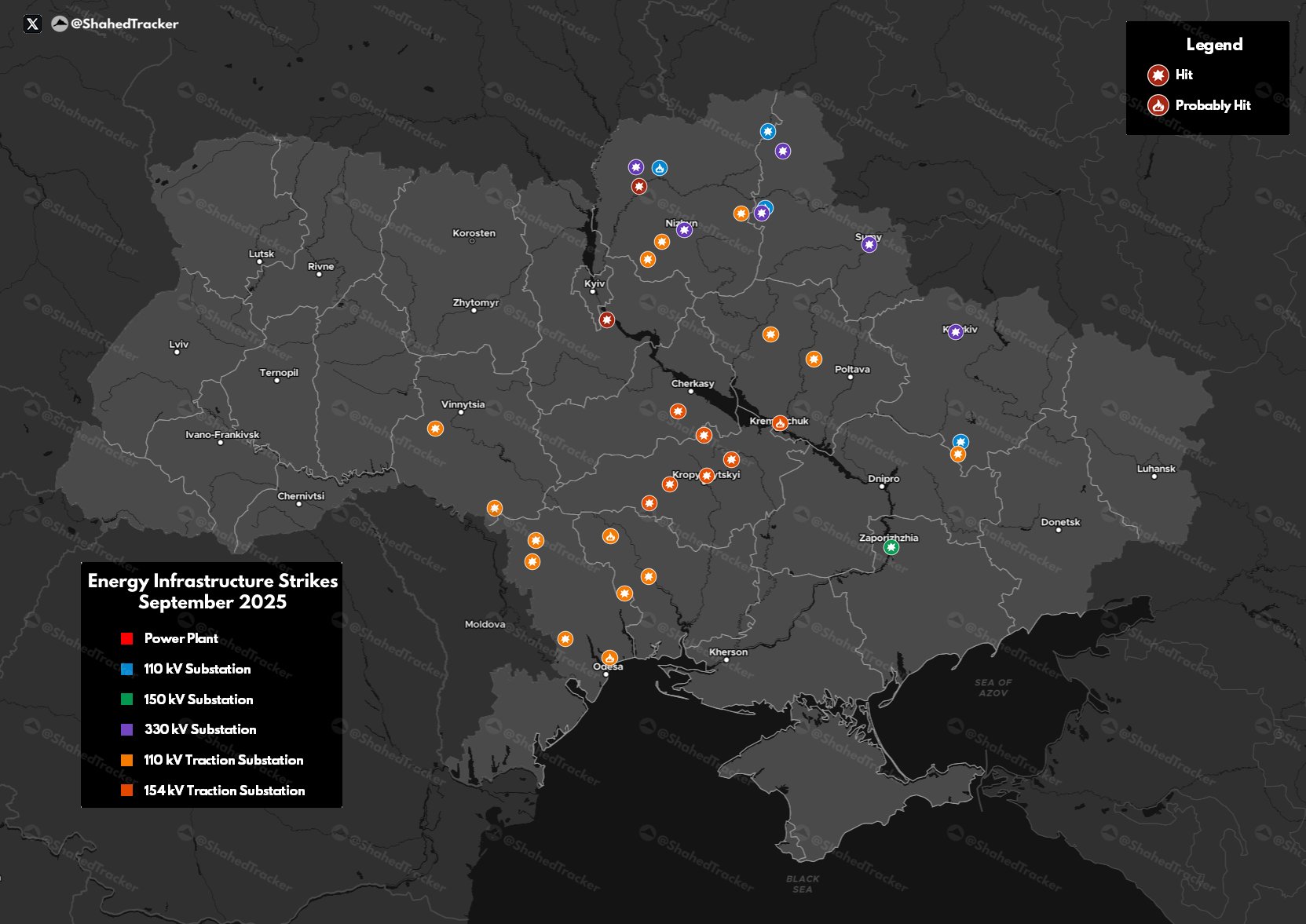 Пораженные беспилотниками типа «Шахед» объекты энергоинфраструктуры на территории Украины в сентябре 2025 года