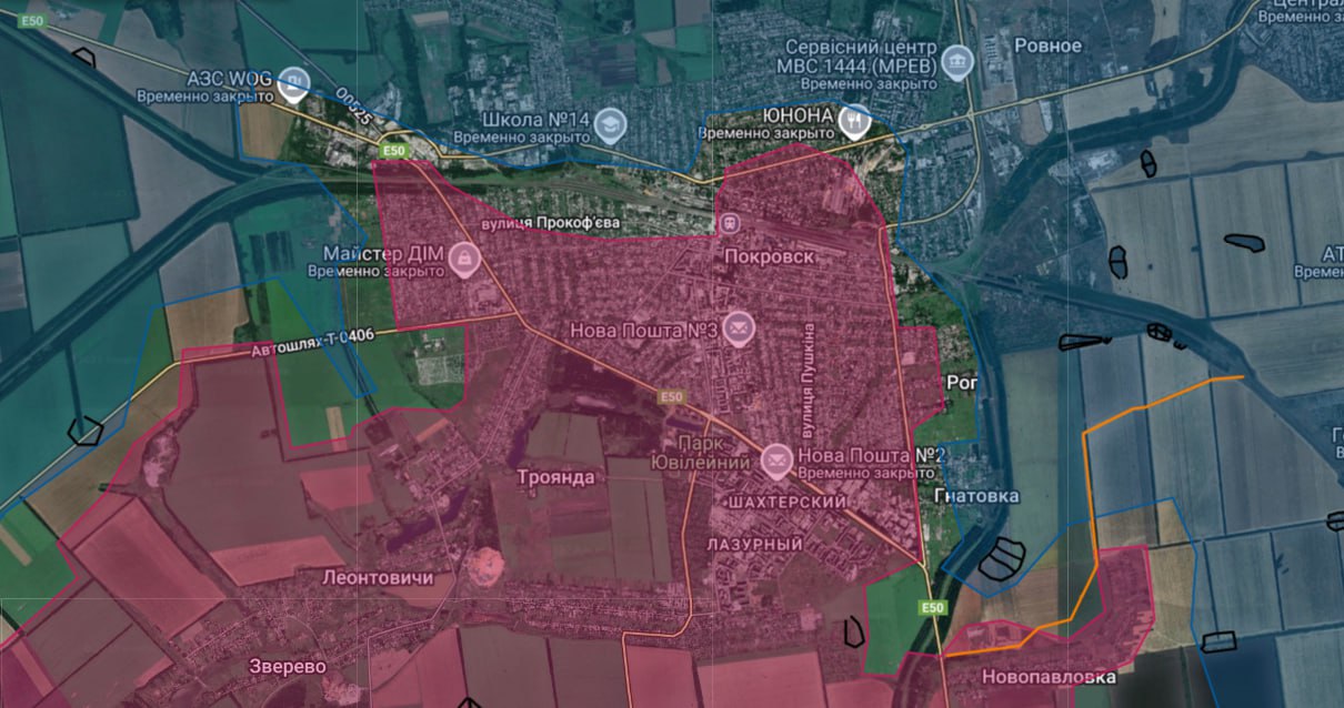 Российский контроль территории Покровска по версии Telegram-канала «КАРТОГРАФ ✙ ЗСУ»