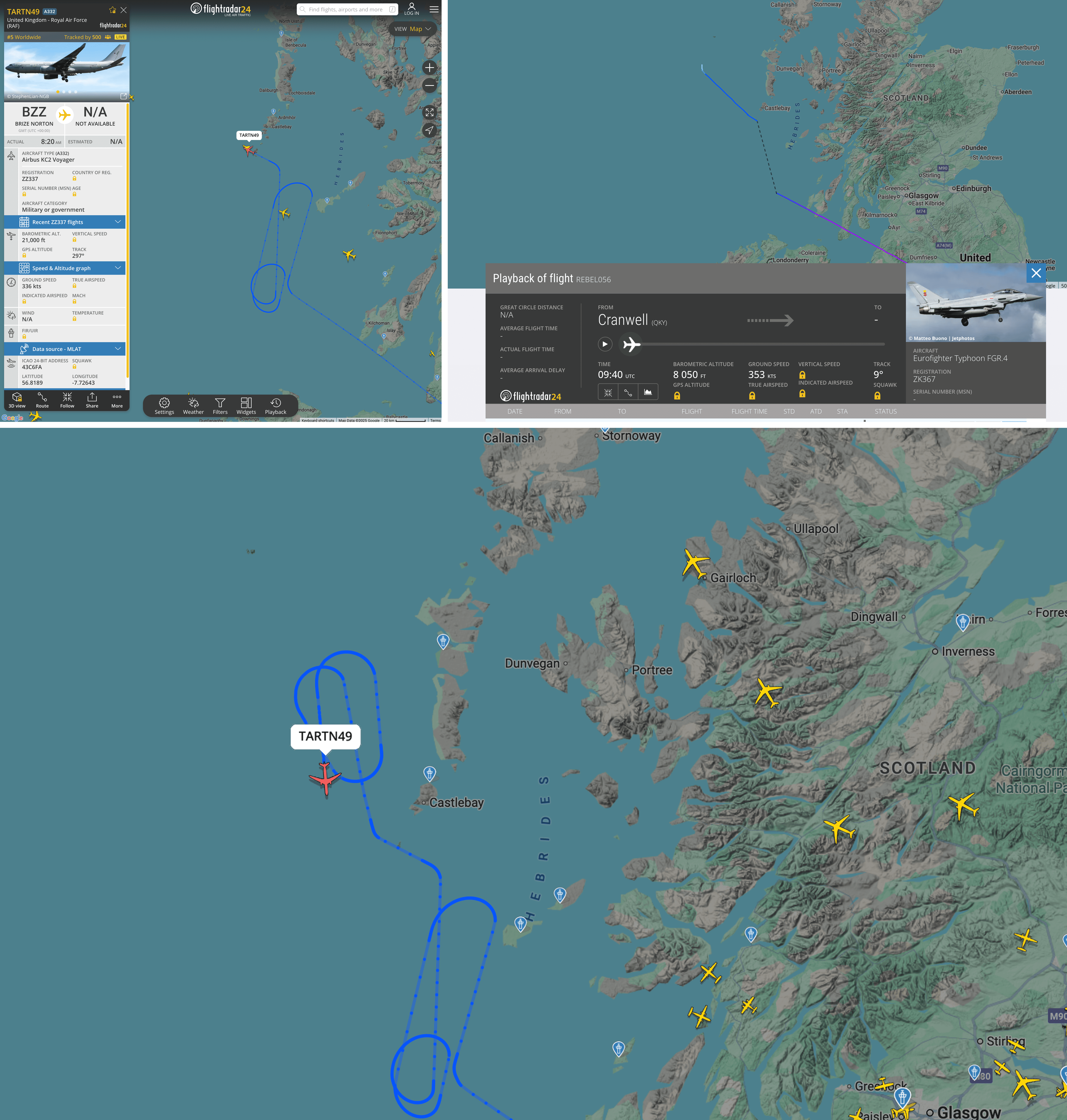 По часовой стрелке: скриншот 1 — заправщик и истребитель поравнялись и вылетели патрулировать акваторию в районе Сент-Килда, скриншот 2 — истребитель снижается и отключает сигнал, скриншот 3 — заправщик оставляет сигнал и кружит в районе Сент-Килда