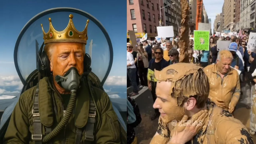 Прошлые протесты No Kings Дональд Трамп символически полил дерьмом с самолета в сгенерированном ИИ видеоролике