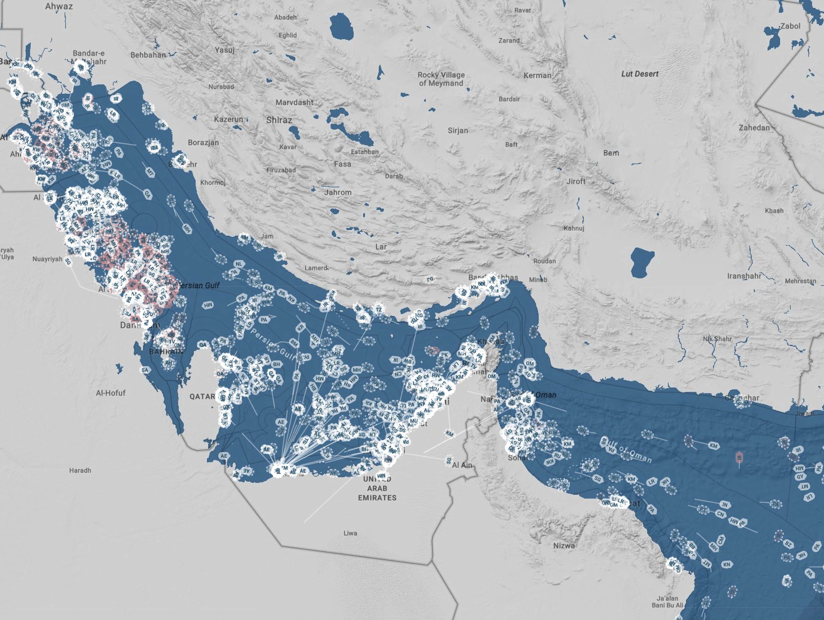 Суда в Персидском, Оманском заливах и в Ормузском проливе 19 марта 17:00-19:00. Карта: Starboard Maritime Intelligence